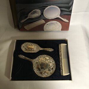 Silver Plated Three Piece Dresser Vanity Set Monogram C Hand Mirror Brush & Comb